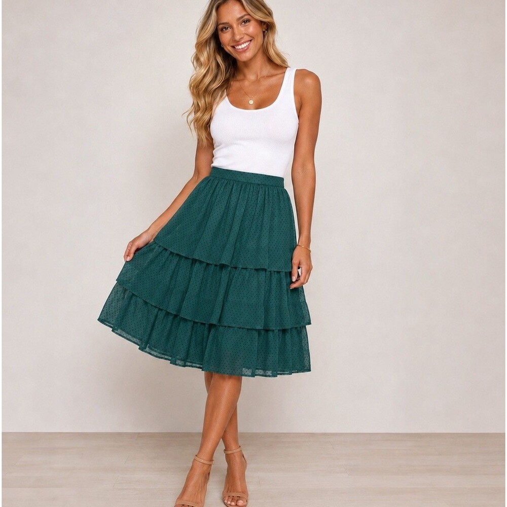 J.Crew Skirt Size S Green Dot Tiered Ruffle Lined Midi
